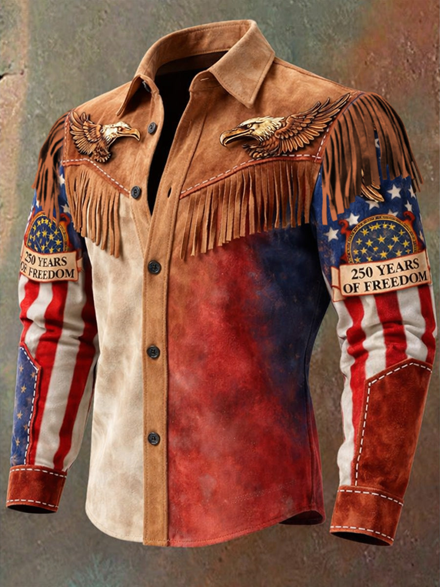 Men's Retro Western Style US 250th Anniversary Print Vintage Tassel Casual Long Sleeve Shirt